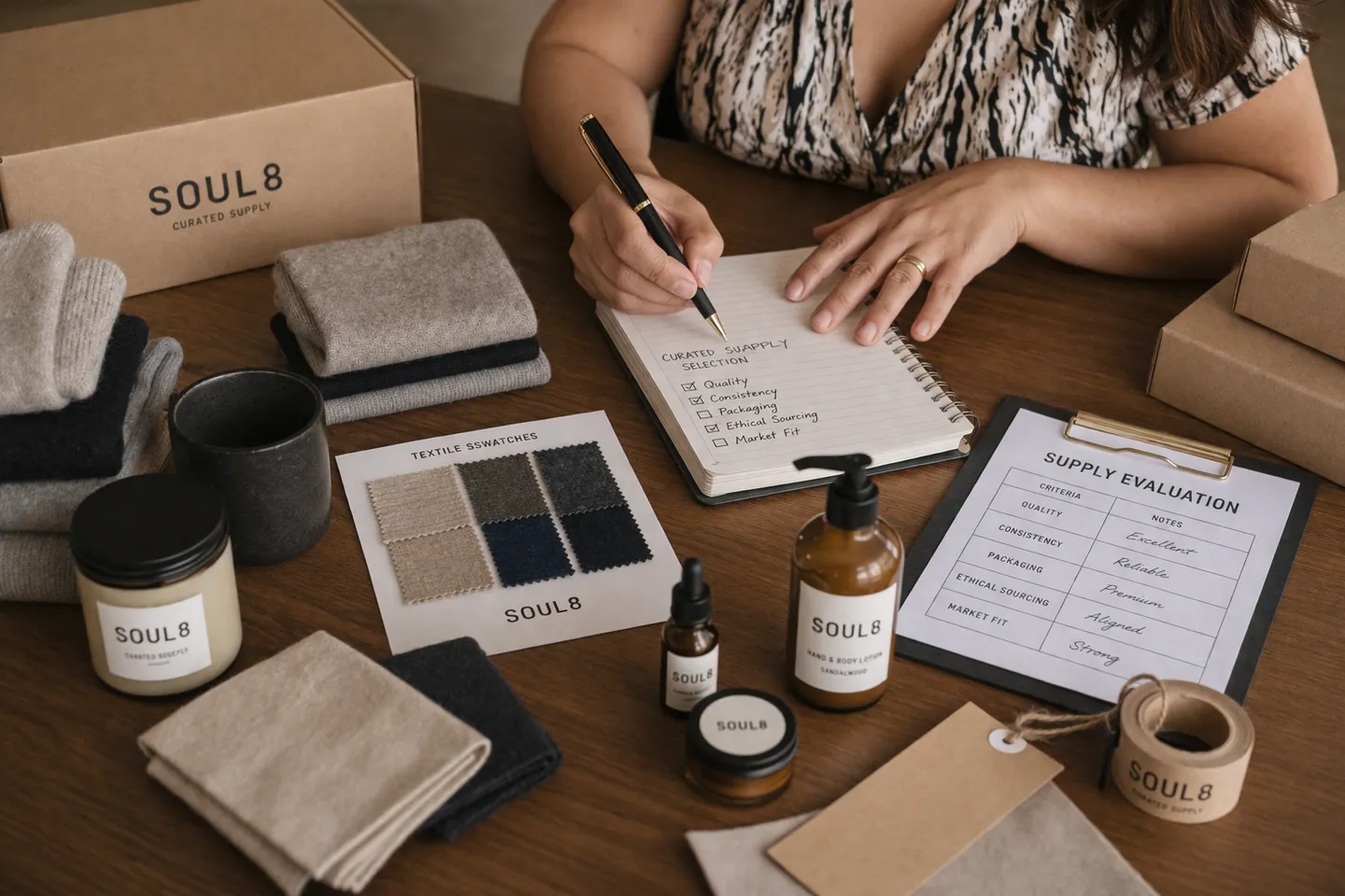 Curated textiles and goods with a supply evaluation sheet