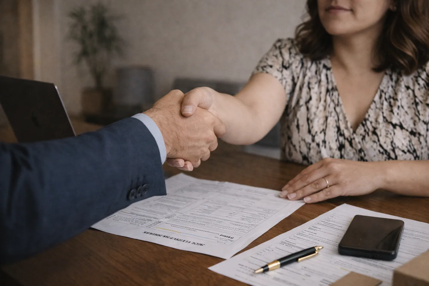 Two people shaking hands over a signed agreement