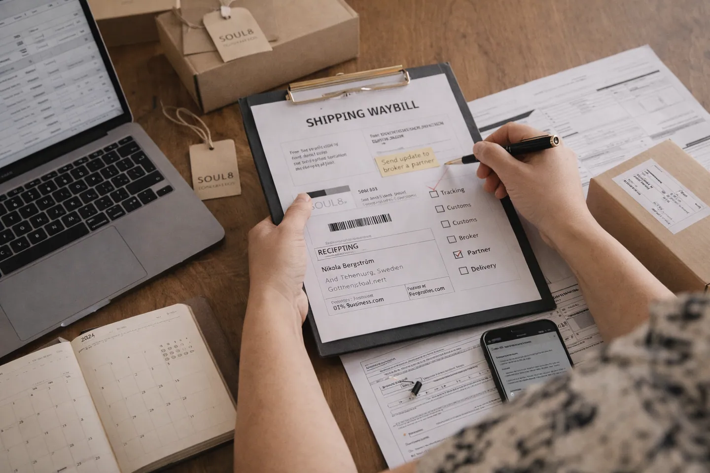 Shipping documents and waybill on a clipboard